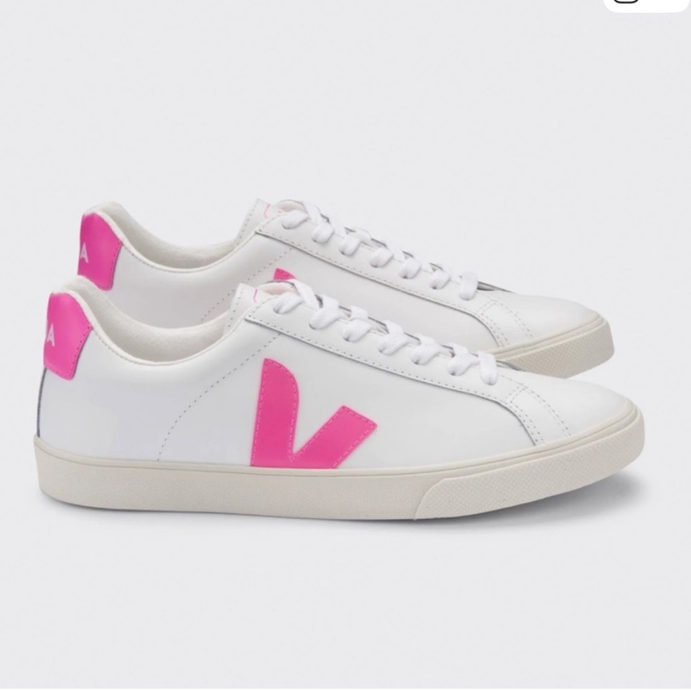 Veja White Sneakers with Bright Pink V Logo